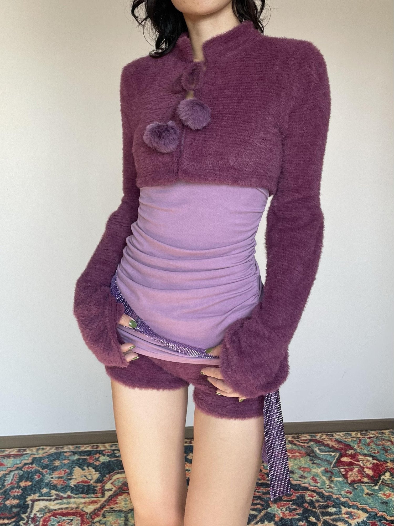 Wet Tail Purple Bustier Faux Fur 3 Piece Chinese Inspired Women Casual Top &amp; Shorts Sets
