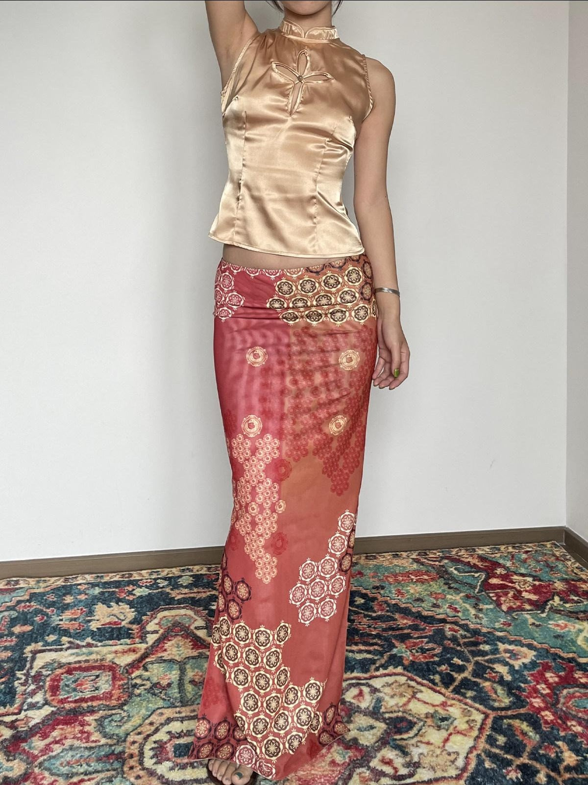 Wet Tail Reversible Cheongsam Printed Slim Mid Waist Mermaid Women Maxi Skirts