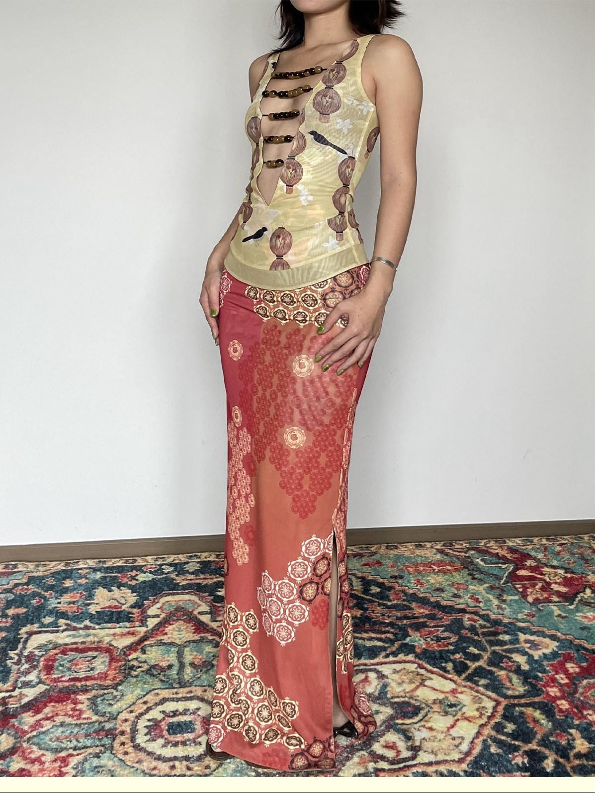 Wet Tail Reversible Cheongsam Printed Slim Mid Waist Mermaid Women Maxi Skirts