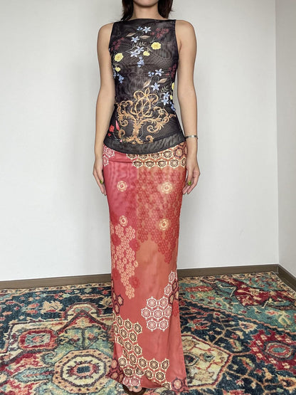 Wet Tail Reversible Cheongsam Printed Slim Mid Waist Mermaid Women Maxi Skirts