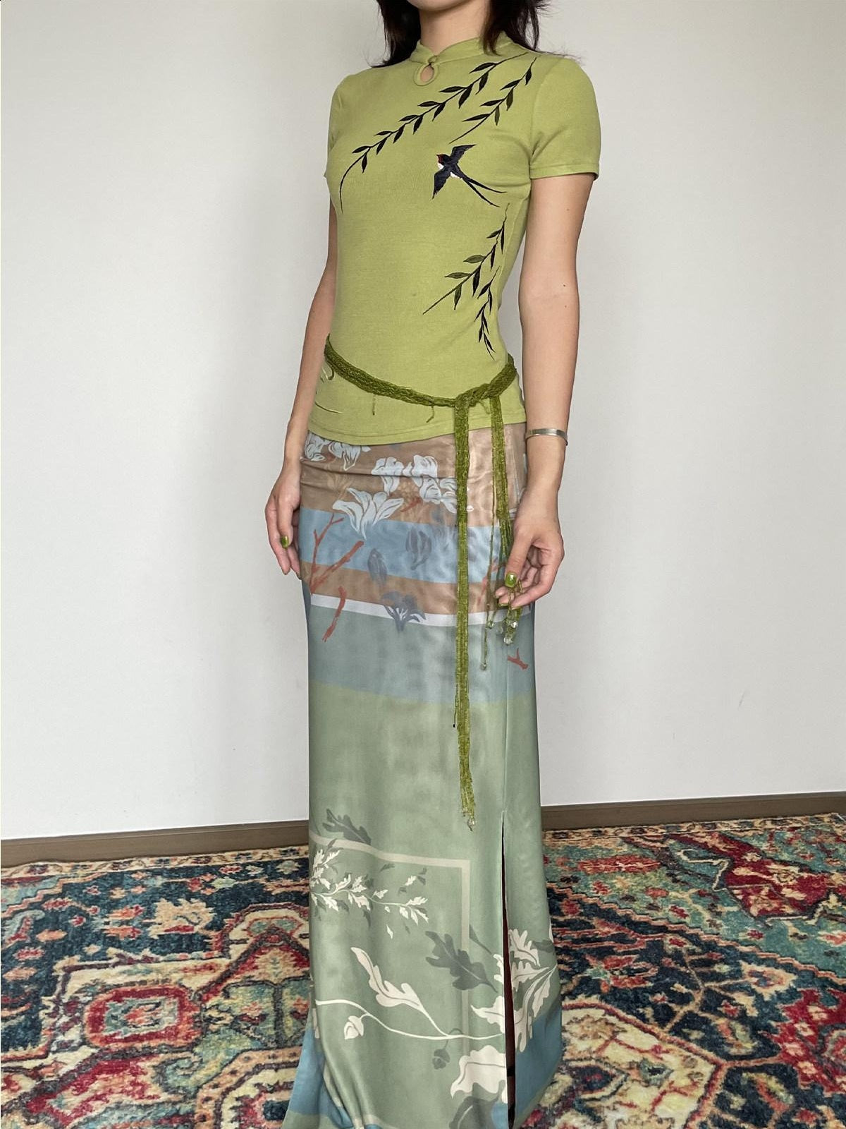 Wet Tail Reversible Cheongsam Printed Slim Mid Waist Mermaid Women Maxi Skirts