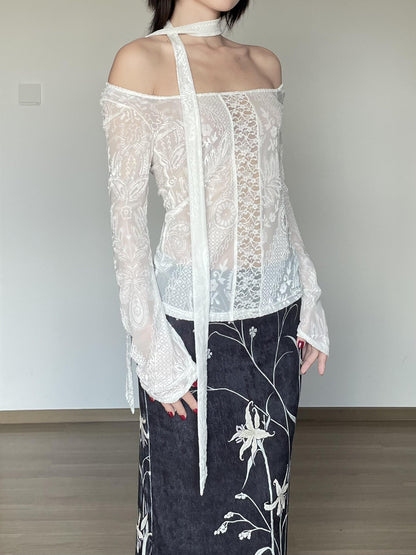 Wet Tail Slim Fit Square Neck White Polyester Pullover Long Sleeve T-Shirts