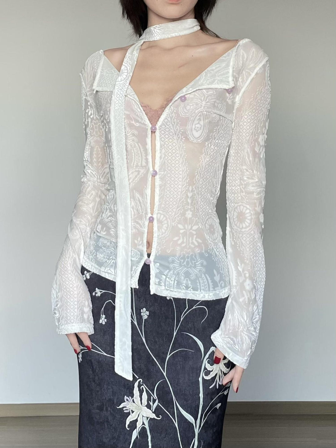 Wet Tail Slim Fit Square Neck White Polyester Pullover Long Sleeve T-Shirts