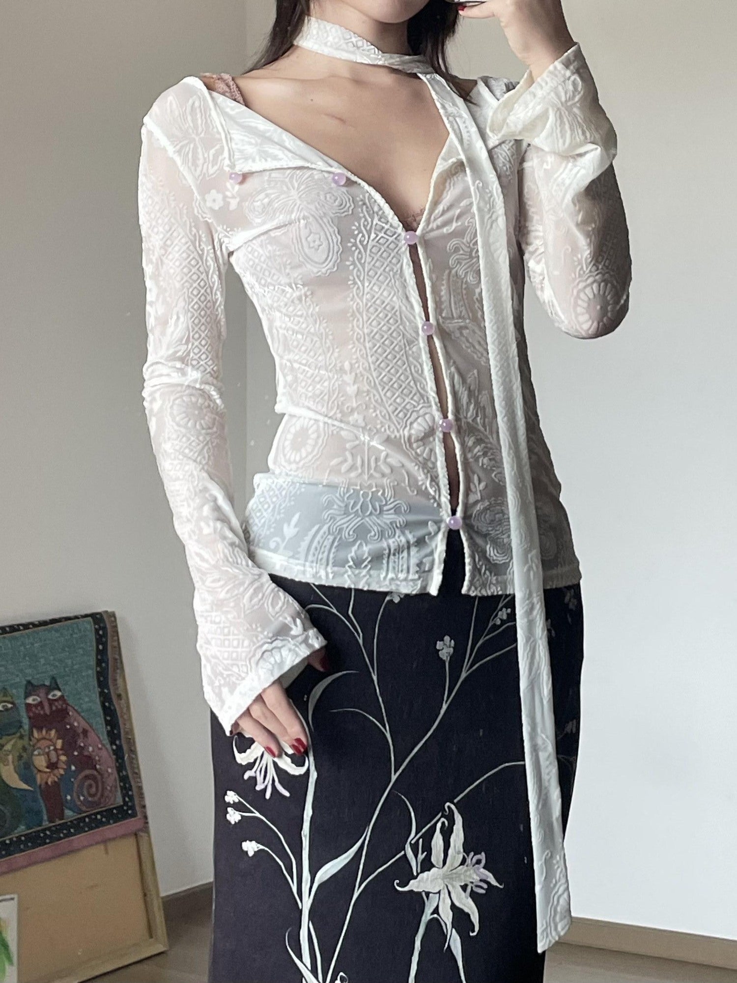 Wet Tail Slim Fit Square Neck White Polyester Pullover Long Sleeve T-Shirts