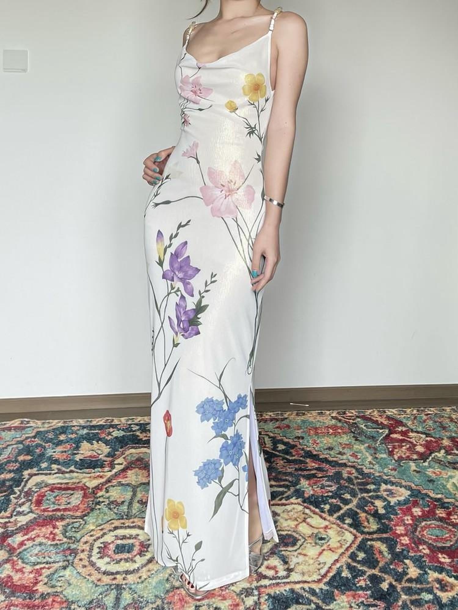 Wet Tail Slimming Elegant High Waist Floral Strappy Prom Cheongsam Bodycon Maxi Dresses