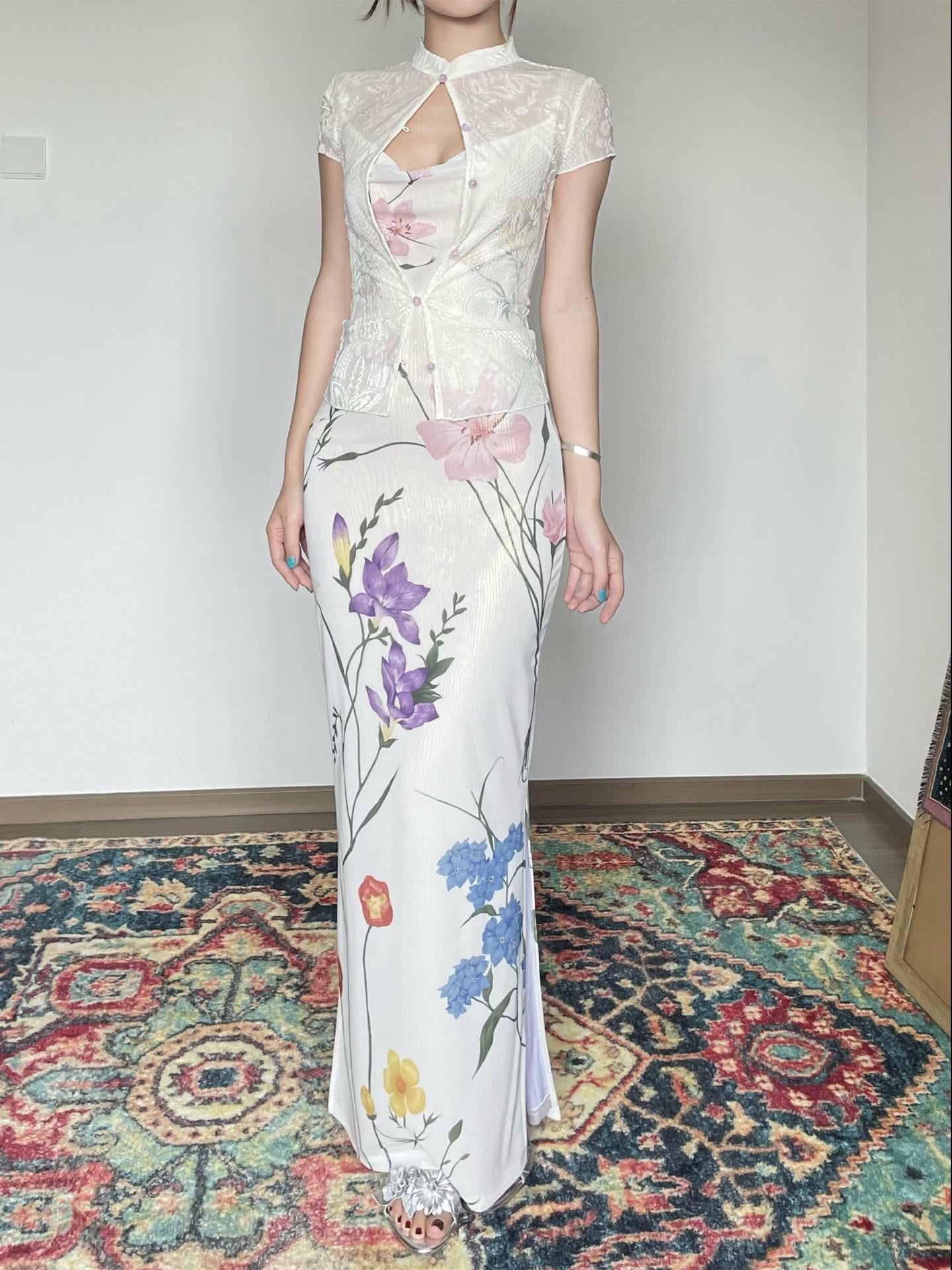 Wet Tail Slimming Elegant High Waist Floral Strappy Prom Cheongsam Bodycon Maxi Dresses
