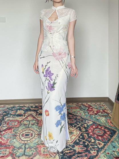 Wet Tail Slimming Elegant High Waist Floral Strappy Prom Cheongsam Bodycon Maxi Dresses