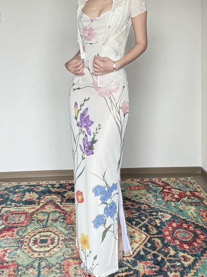 Wet Tail Slimming Elegant High Waist Floral Strappy Prom Cheongsam Bodycon Maxi Dresses