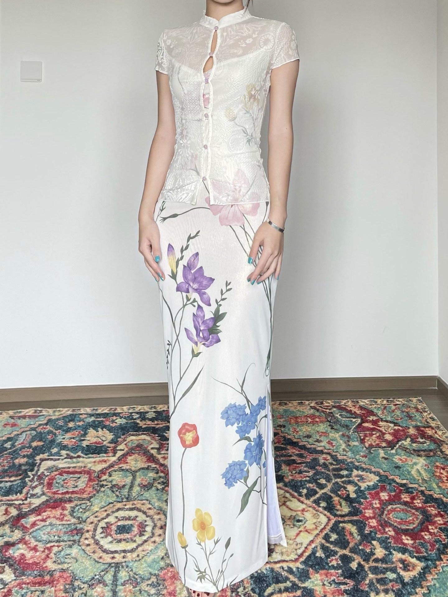 Wet Tail Slimming Elegant High Waist Floral Strappy Prom Cheongsam Bodycon Maxi Dresses