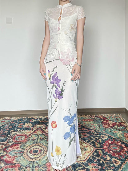 Wet Tail Slimming Elegant High Waist Floral Strappy Prom Cheongsam Bodycon Maxi Dresses