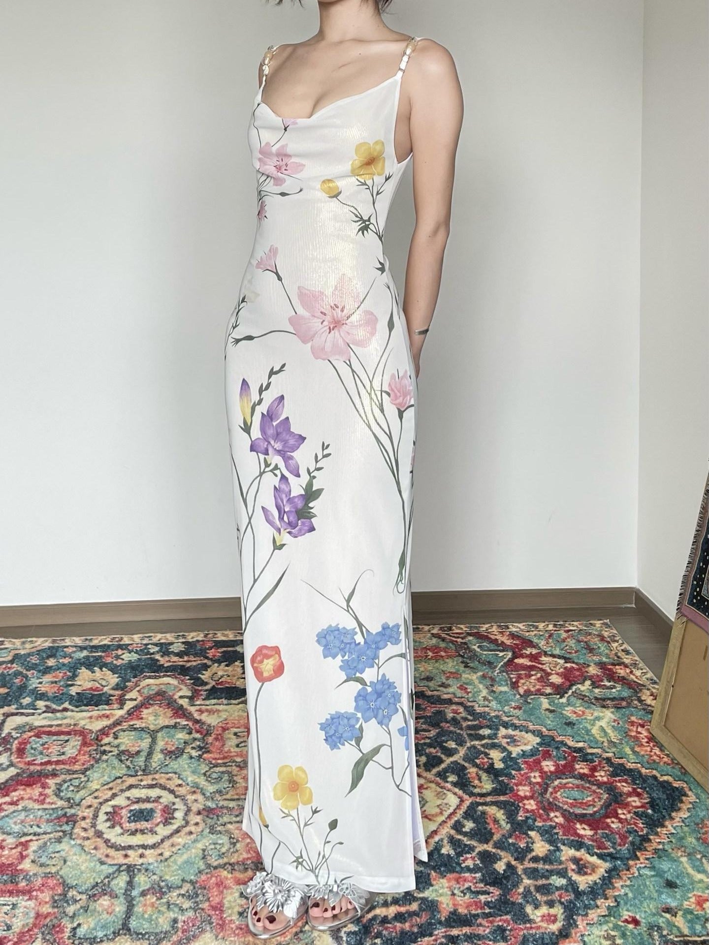 Wet Tail Slimming Elegant High Waist Floral Strappy Prom Cheongsam Bodycon Maxi Dresses