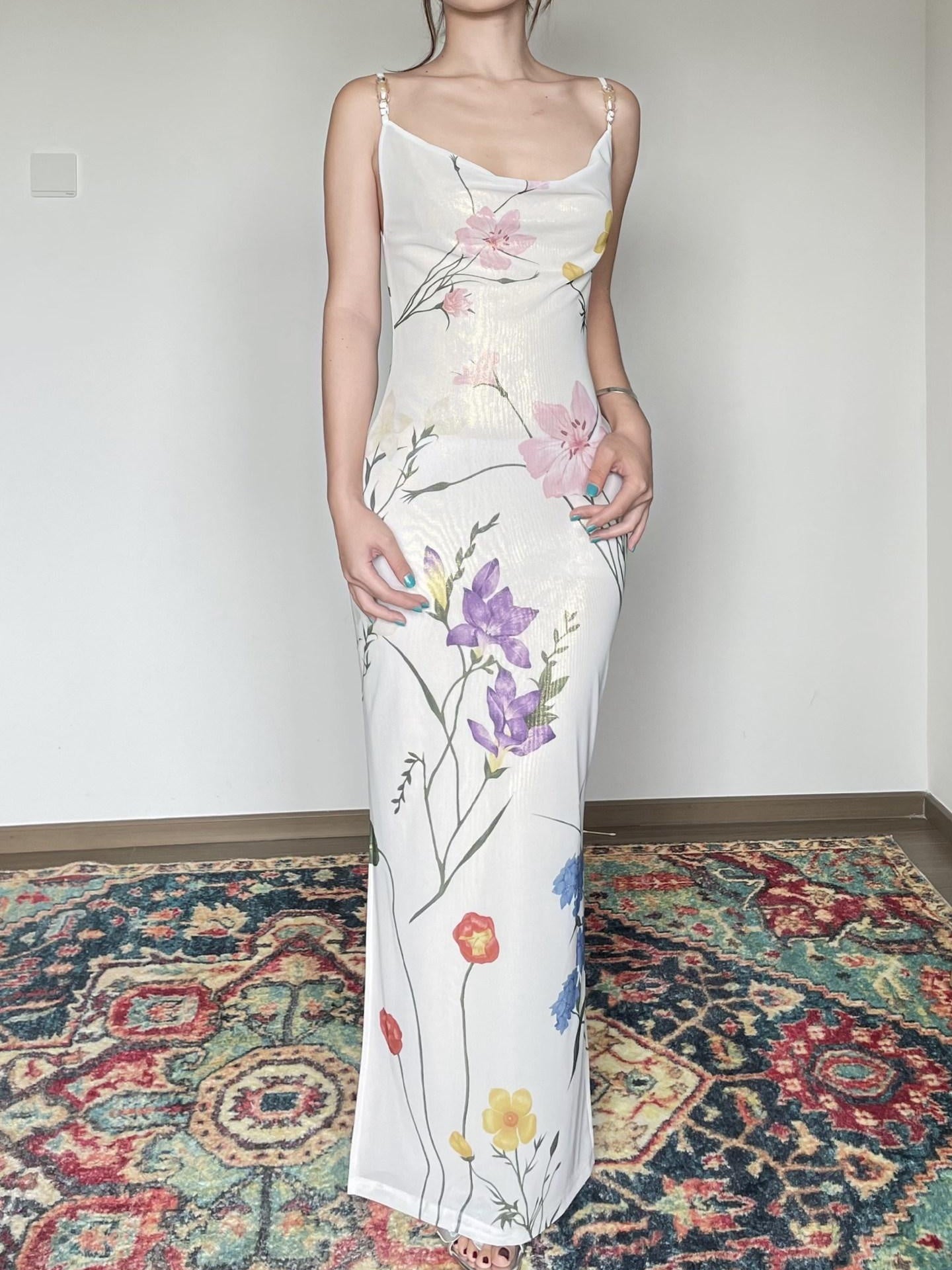 Wet Tail Slimming Elegant High Waist Floral Strappy Prom Cheongsam Bodycon Maxi Dresses