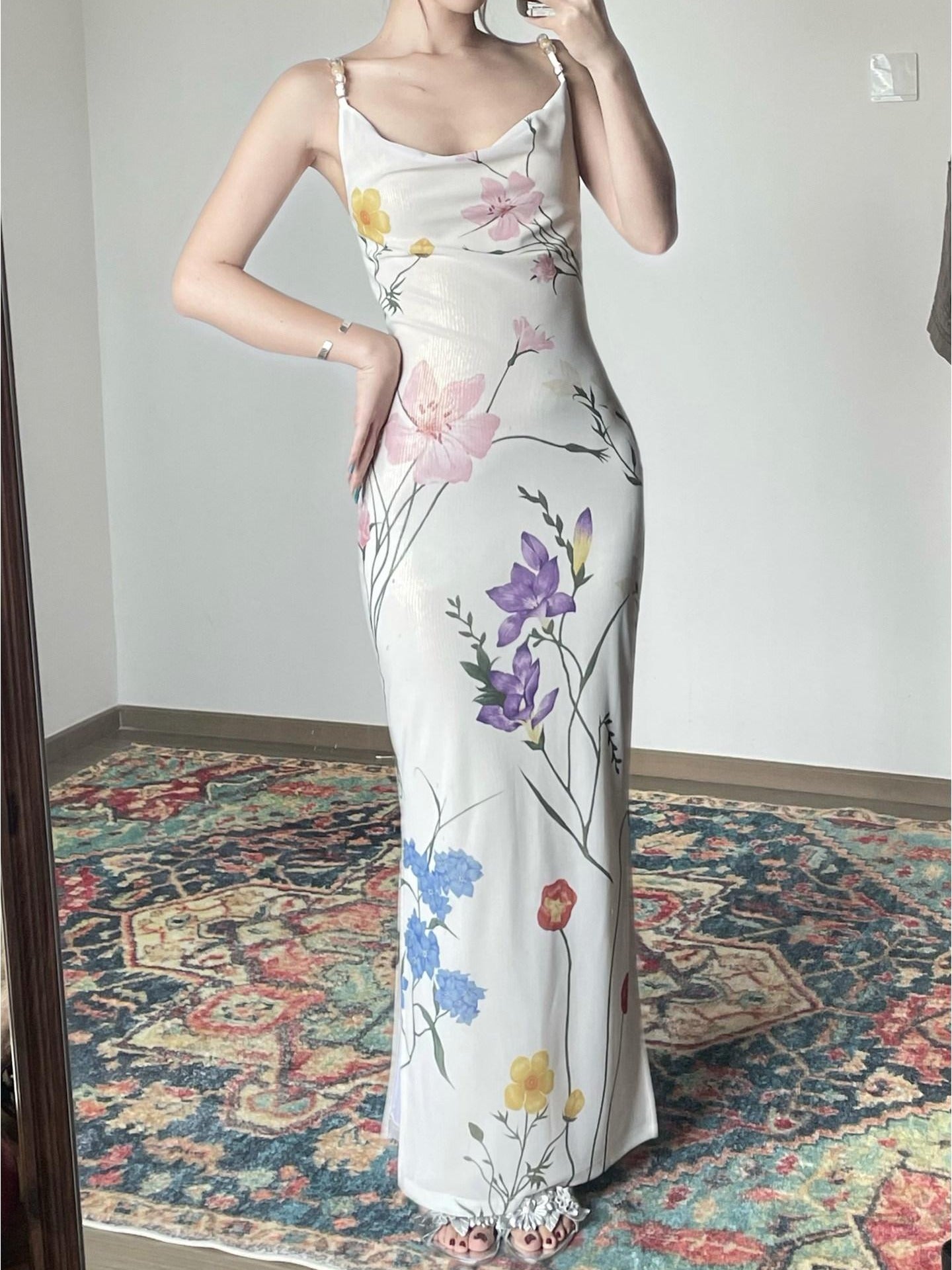 Wet Tail Slimming Elegant High Waist Floral Strappy Prom Cheongsam Bodycon Maxi Dresses
