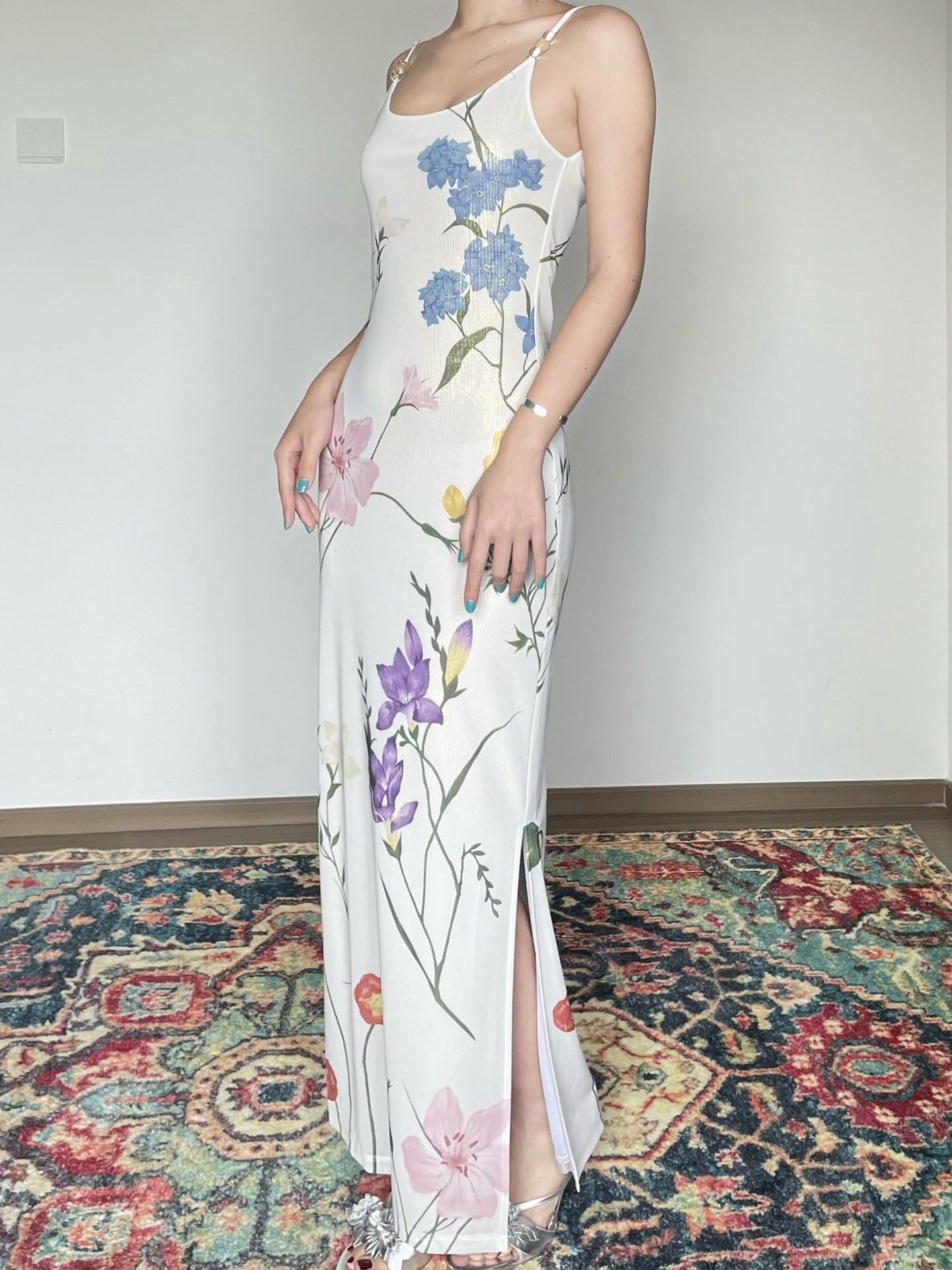 Wet Tail Slimming Elegant High Waist Floral Strappy Prom Cheongsam Bodycon Maxi Dresses