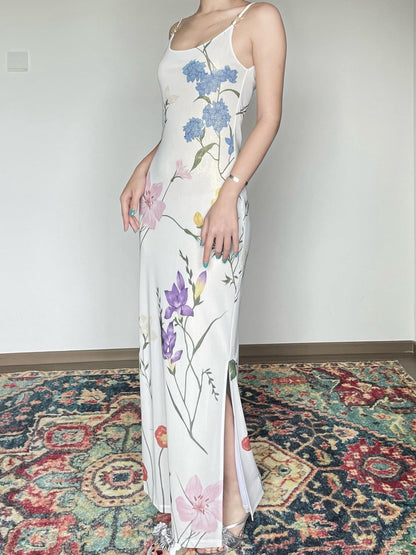 Wet Tail Slimming Elegant High Waist Floral Strappy Prom Cheongsam Bodycon Maxi Dresses