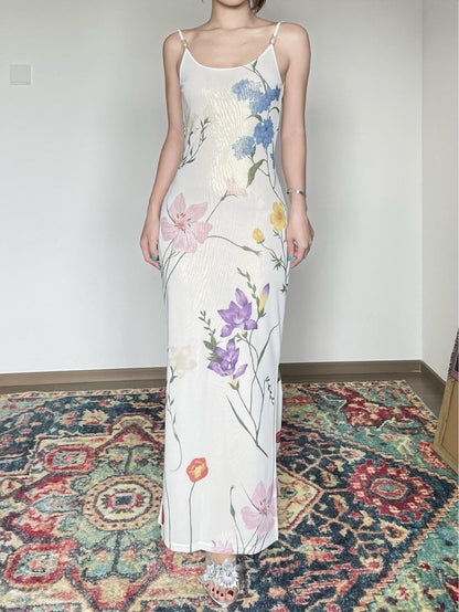 Wet Tail Slimming Elegant High Waist Floral Strappy Prom Cheongsam Bodycon Maxi Dresses