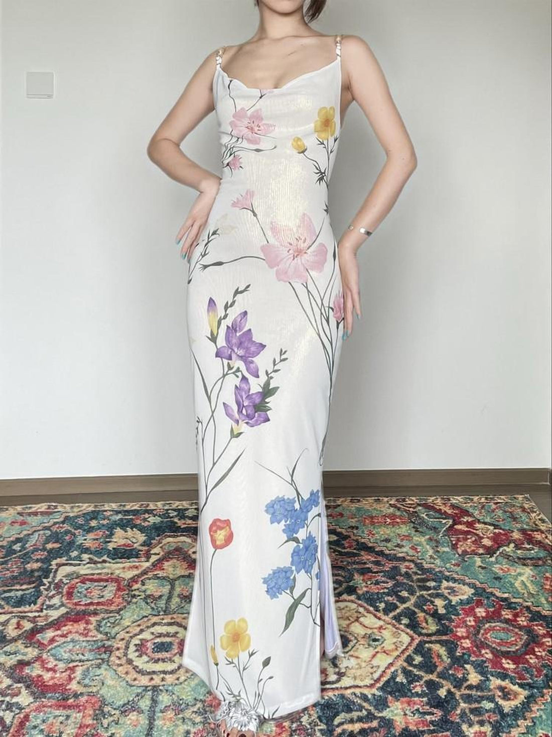 Wet Tail Slimming Elegant High Waist Floral Strappy Prom Cheongsam Bodycon Maxi Dresses
