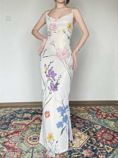 Wet Tail Slimming Elegant High Waist Floral Strappy Prom Cheongsam Bodycon Maxi Dresses