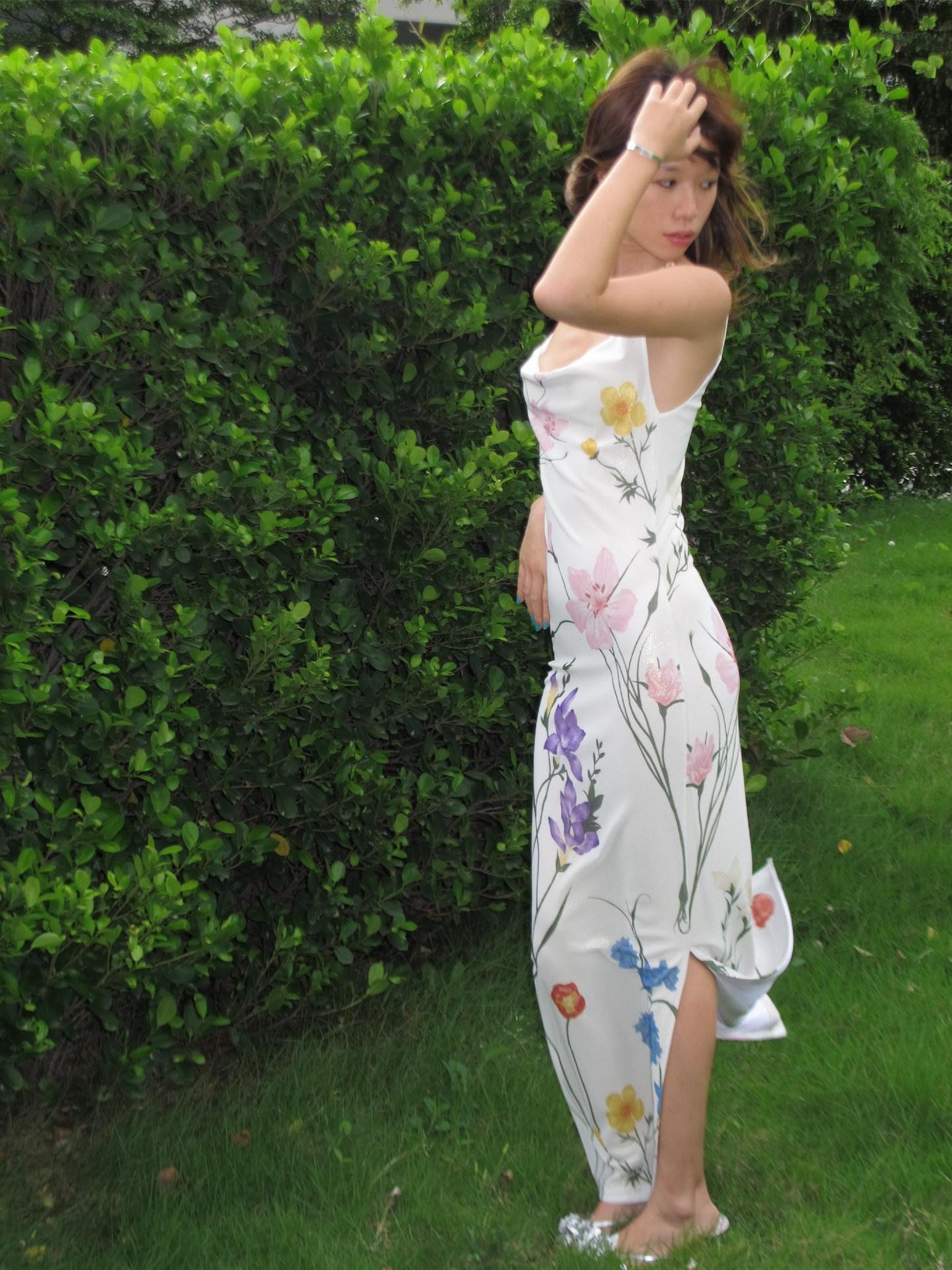 Wet Tail Slimming Elegant High Waist Floral Strappy Prom Cheongsam Bodycon Maxi Dresses