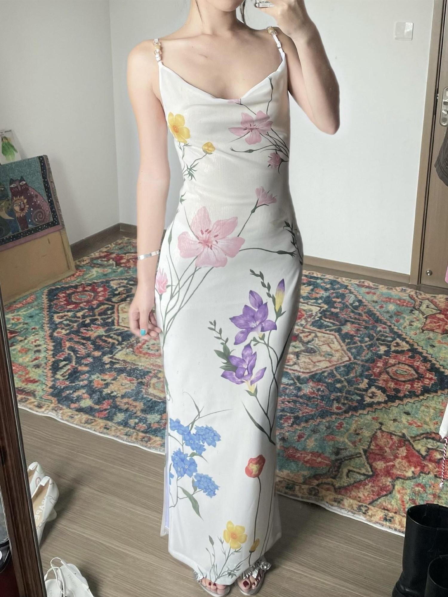 Wet Tail Slimming Elegant High Waist Floral Strappy Prom Cheongsam Bodycon Maxi Dresses