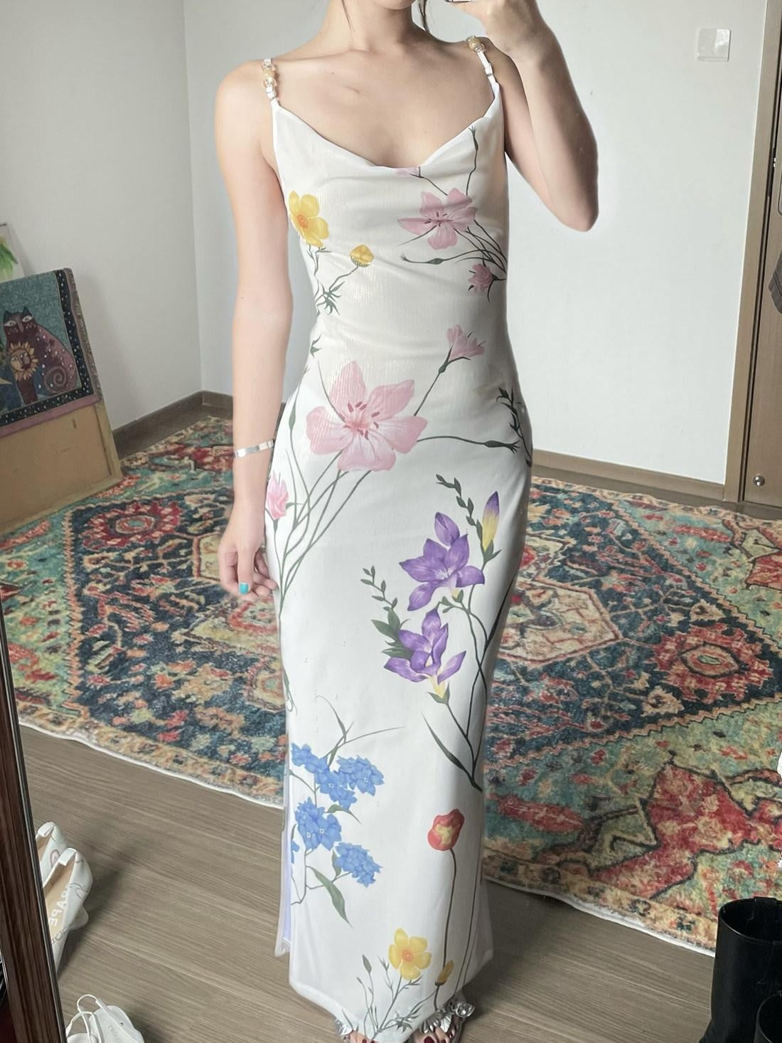 Wet Tail Slimming Elegant High Waist Floral Strappy Prom Cheongsam Bodycon Maxi Dresses