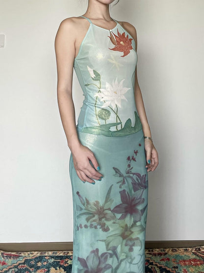 Wet Tail Soft Stretch Slim Fit Strappy Cropped Floral Mint Green Women Camisoles