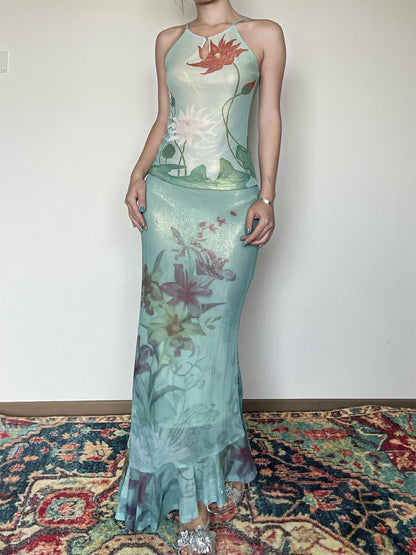 Wet Tail Soft Stretch Slim Fit Strappy Cropped Floral Mint Green Women Camisoles