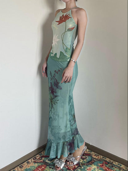Wet Tail Soft Stretch Slim Fit Strappy Cropped Floral Mint Green Women Camisoles