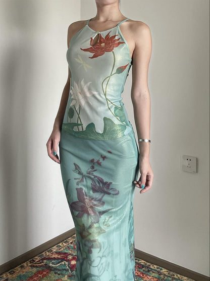Wet Tail Soft Stretch Slim Fit Strappy Cropped Floral Mint Green Women Camisoles