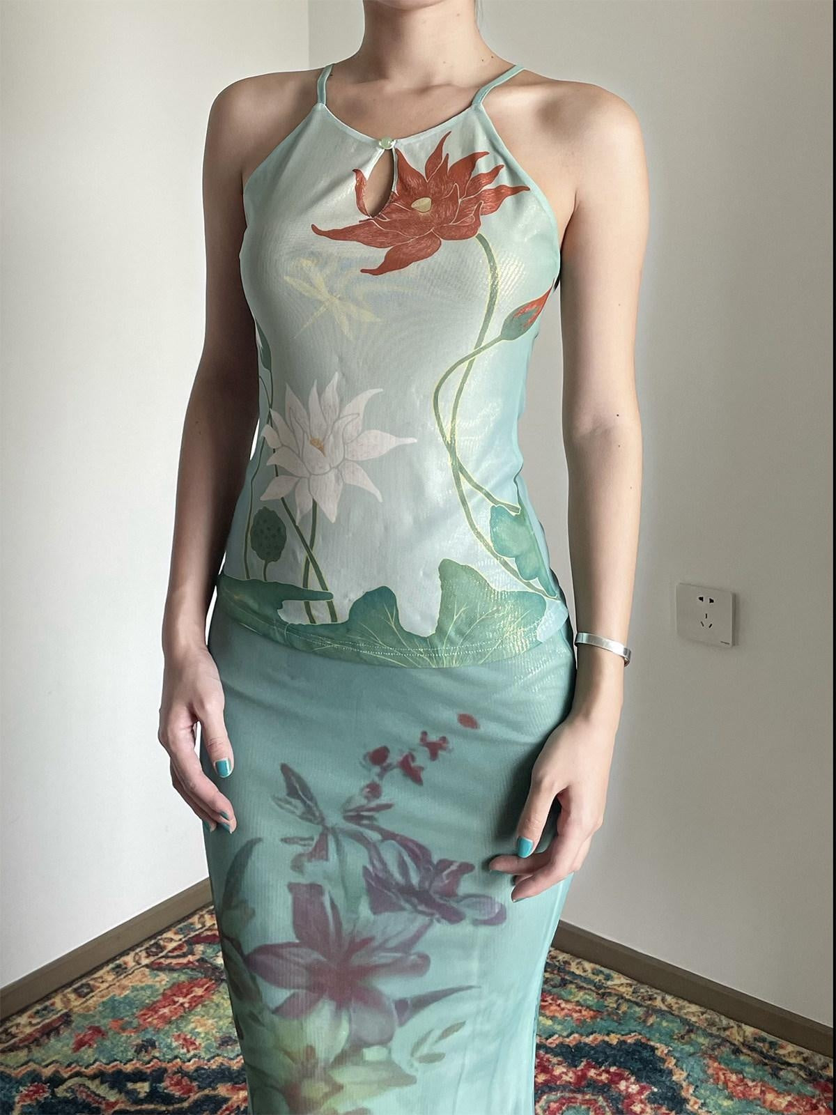 Wet Tail Soft Stretch Slim Fit Strappy Cropped Floral Mint Green Women Camisoles