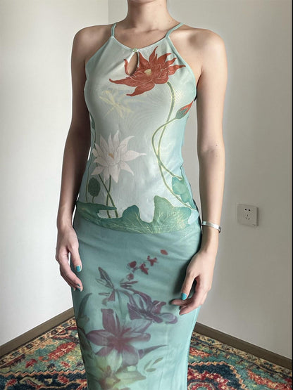 Wet Tail Soft Stretch Slim Fit Strappy Cropped Floral Mint Green Women Camisoles