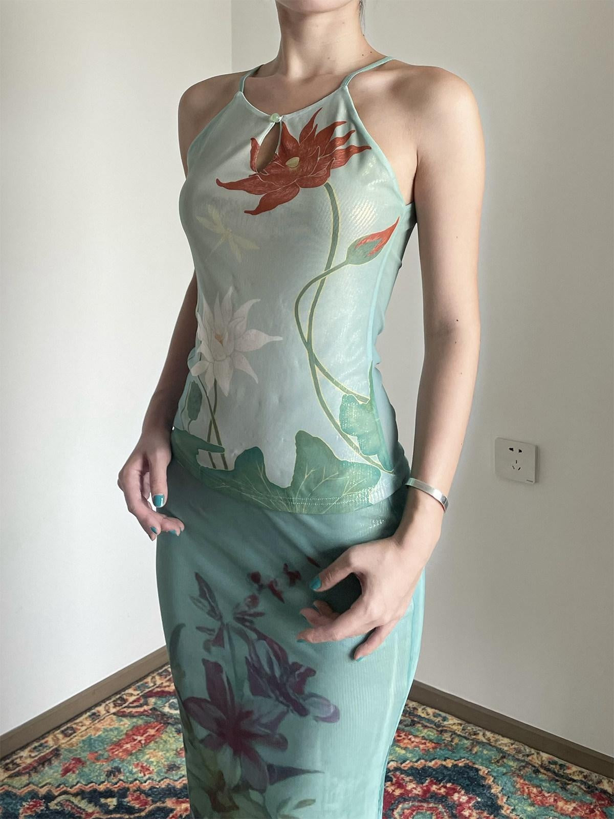Wet Tail Soft Stretch Slim Fit Strappy Cropped Floral Mint Green Women Camisoles