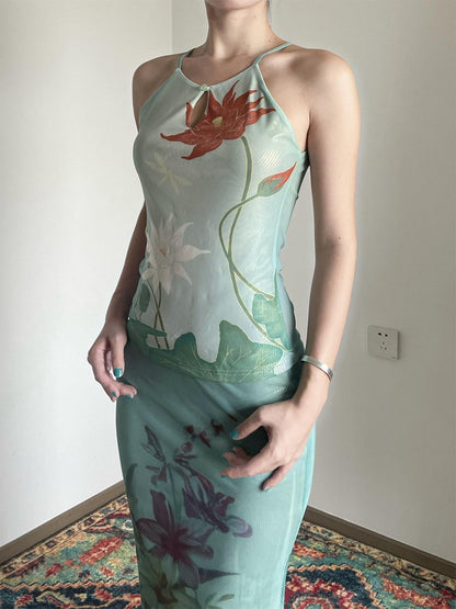 Wet Tail Soft Stretch Slim Fit Strappy Cropped Floral Mint Green Women Camisoles