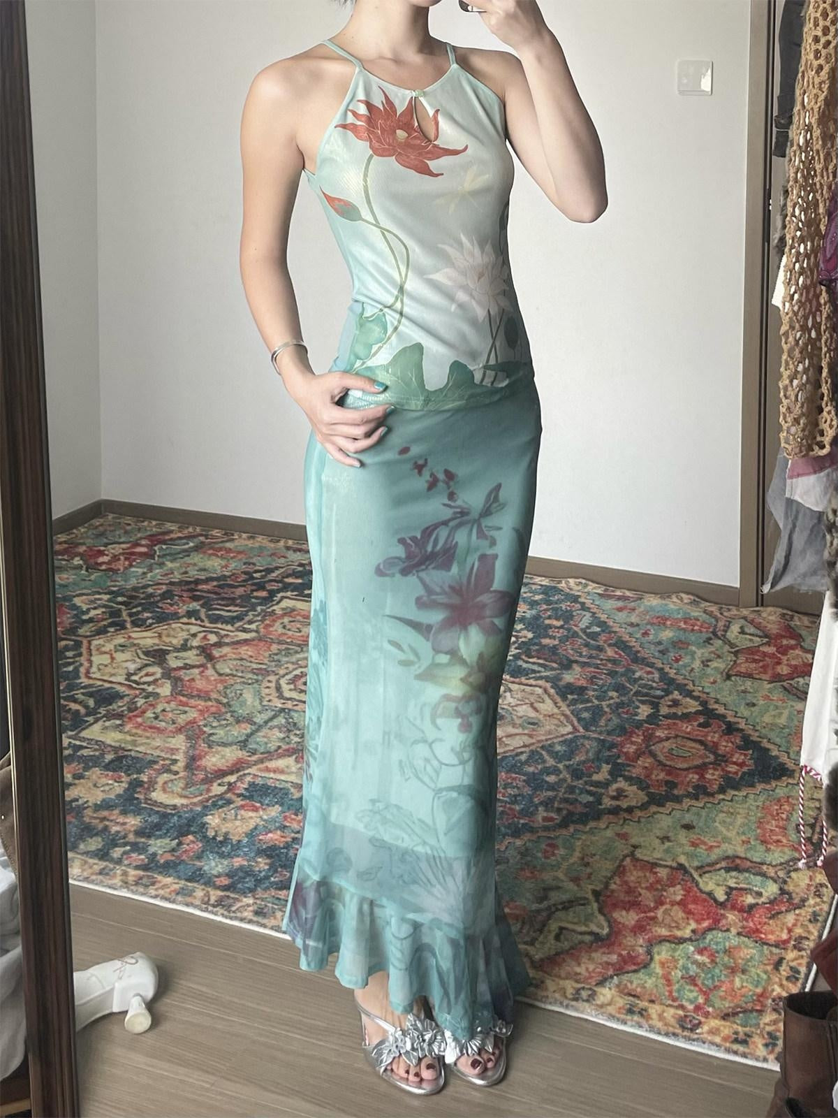 Wet Tail Soft Stretch Slim Fit Strappy Cropped Floral Mint Green Women Camisoles