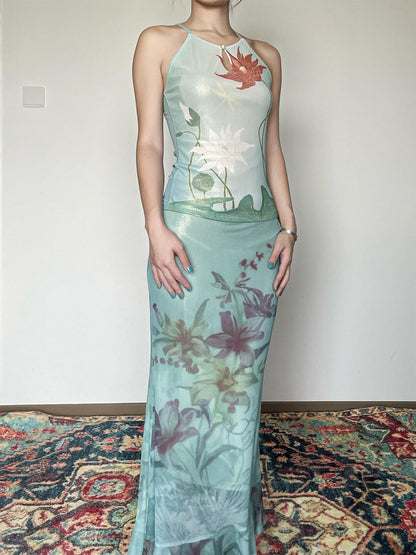 Wet Tail Soft Stretch Slim Fit Strappy Cropped Floral Mint Green Women Camisoles