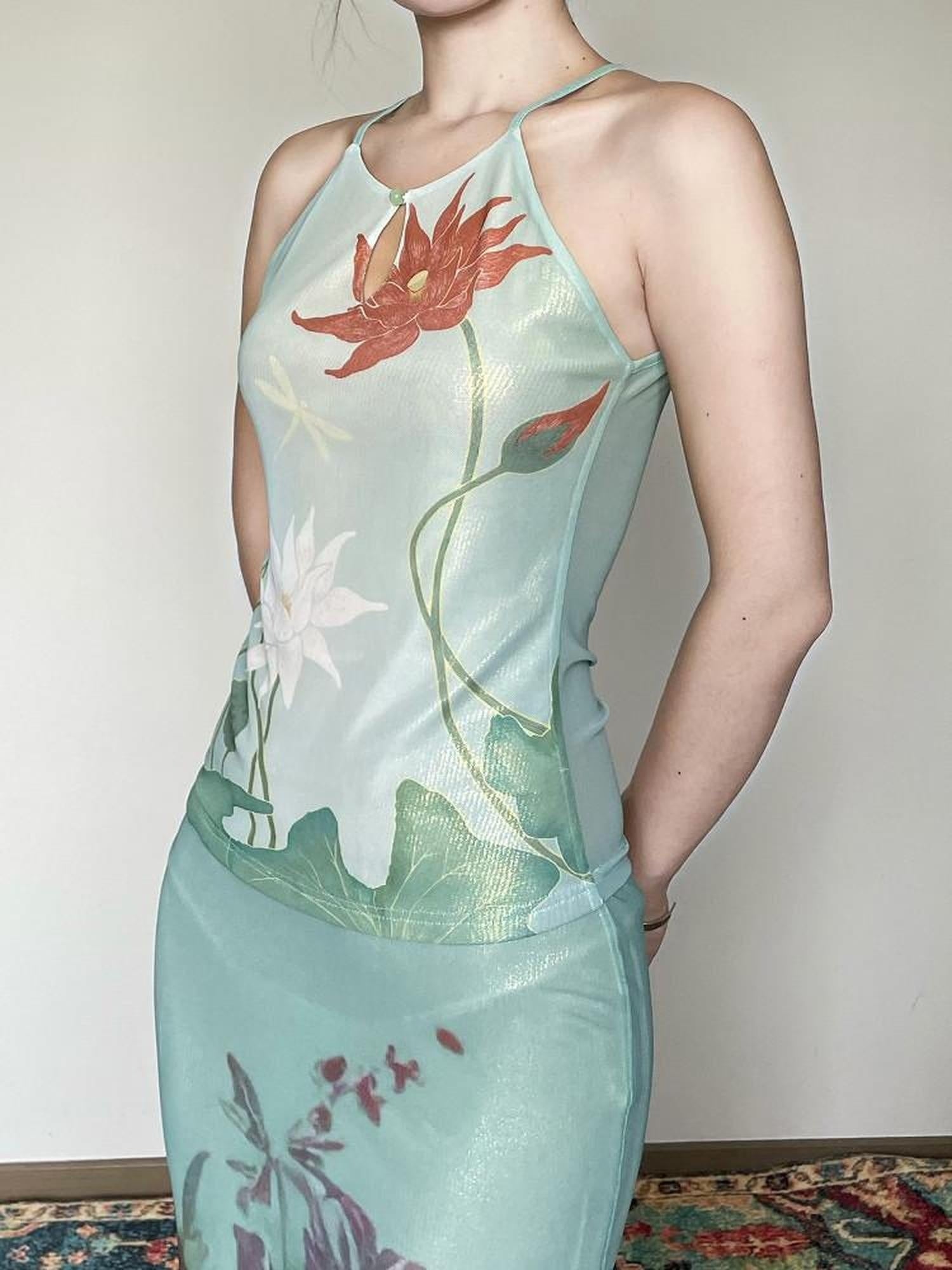 Wet Tail Soft Stretch Slim Fit Strappy Cropped Floral Mint Green Women Camisoles