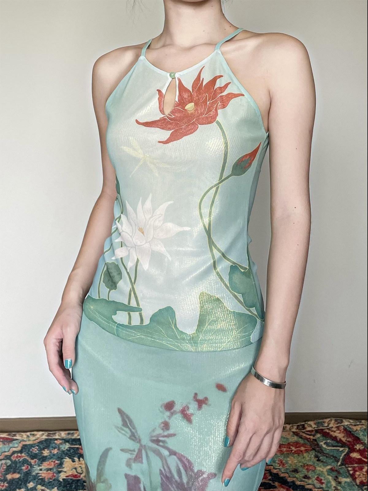 Wet Tail Soft Stretch Slim Fit Strappy Cropped Floral Mint Green Women Camisoles