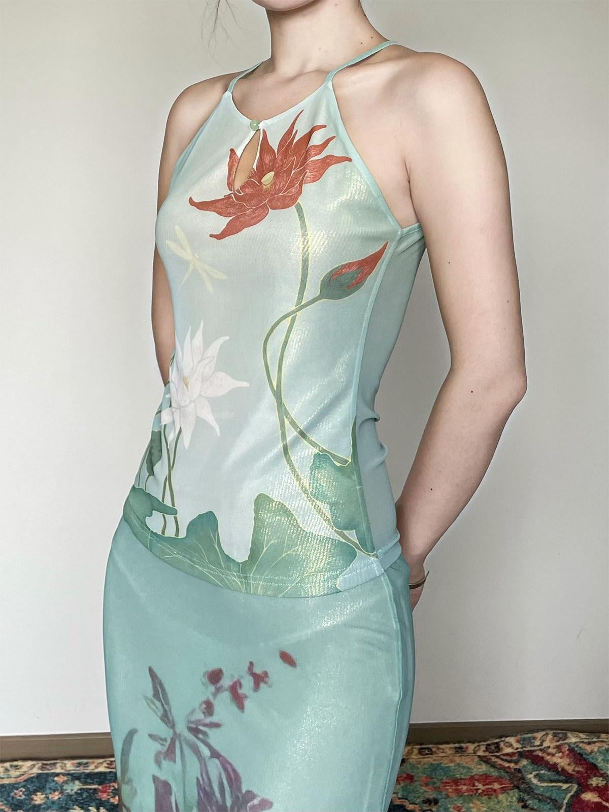 Wet Tail Soft Stretch Slim Fit Strappy Cropped Floral Mint Green Women Camisoles