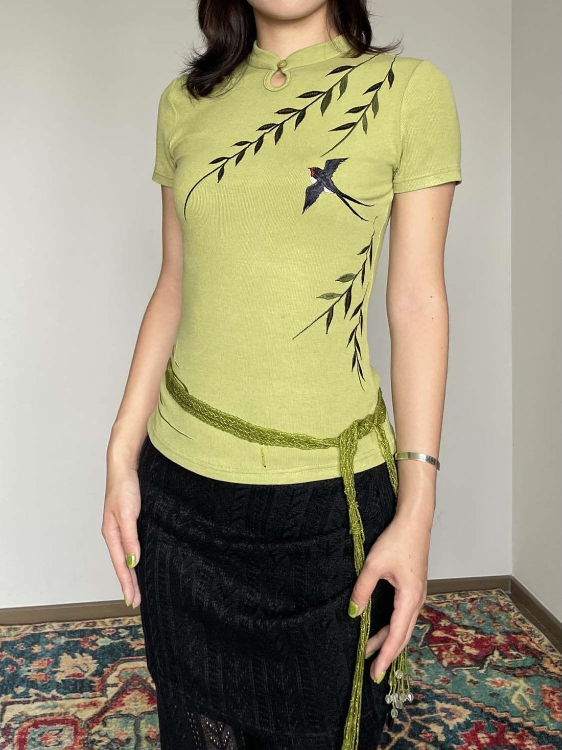 Wet Tail Soft Stretch Viscose Elegant Short Cheongsam Green Short Sleeve T-Shirts