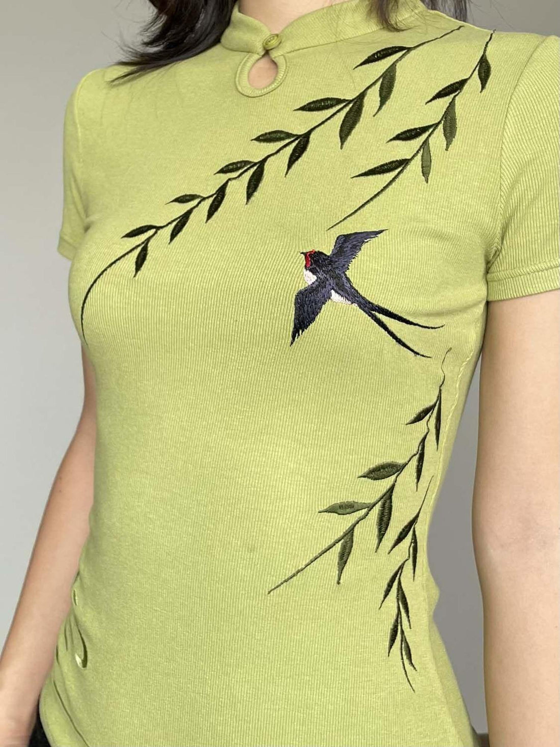Wet Tail Soft Stretch Viscose Elegant Short Cheongsam Green Short Sleeve T-Shirts