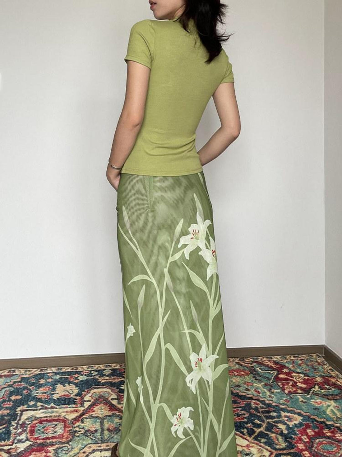Wet Tail Soft Stretch Viscose Elegant Short Cheongsam Green Short Sleeve T-Shirts