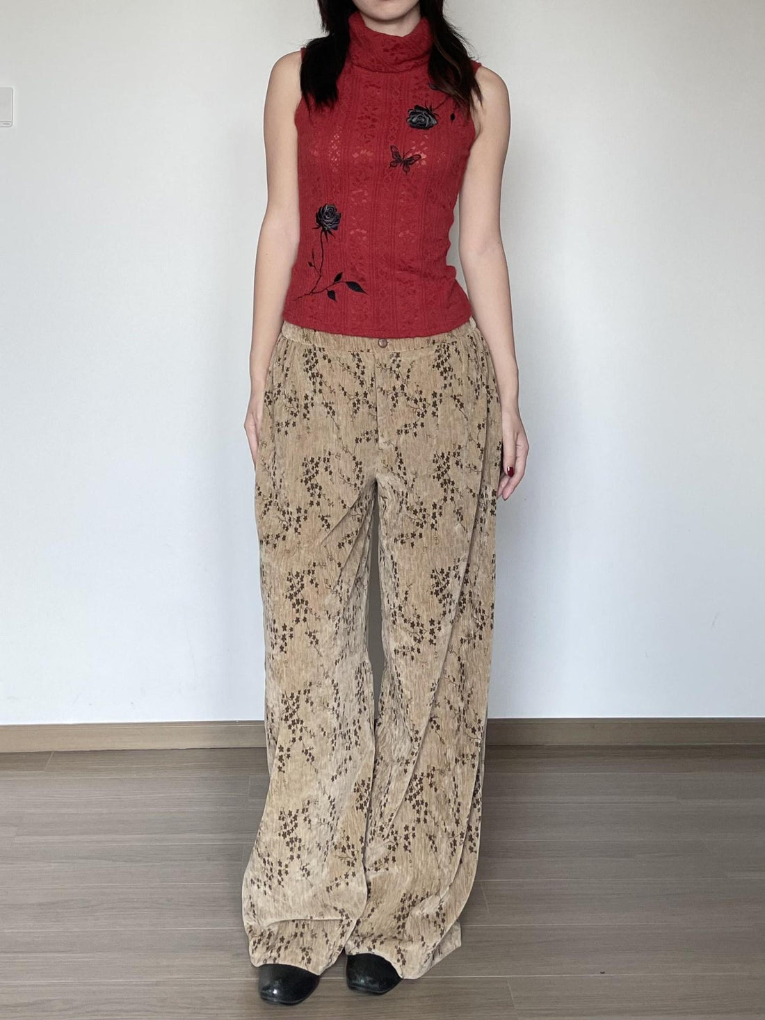 Wet Tail Stretch High Waist Loose Fit Elastic Waist Brown Versatile Wide-Leg Pants
