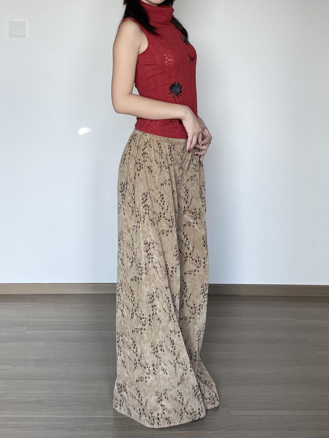 Wet Tail Stretch High Waist Loose Fit Elastic Waist Brown Versatile Wide-Leg Pants