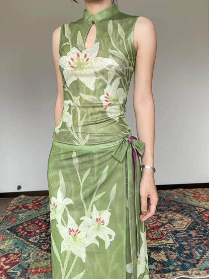 Wet Tail Stretch Slim Artistic Short Cheongsam Round Neck Young Women Tank Tops