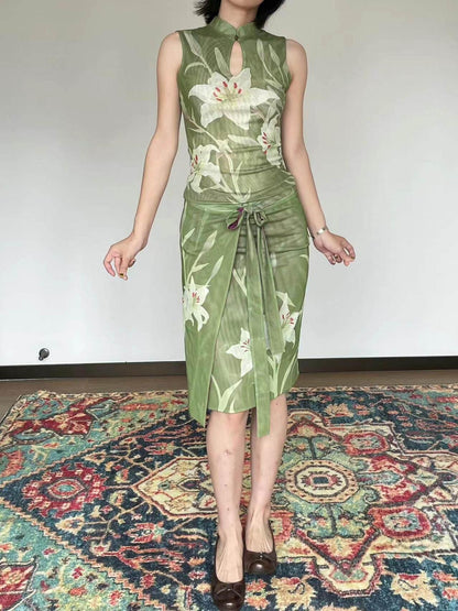 Wet Tail Stretch Slim Artistic Short Cheongsam Round Neck Young Women Tank Tops