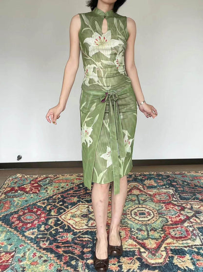 Wet Tail Stretch Slim Artistic Short Cheongsam Round Neck Young Women Tank Tops