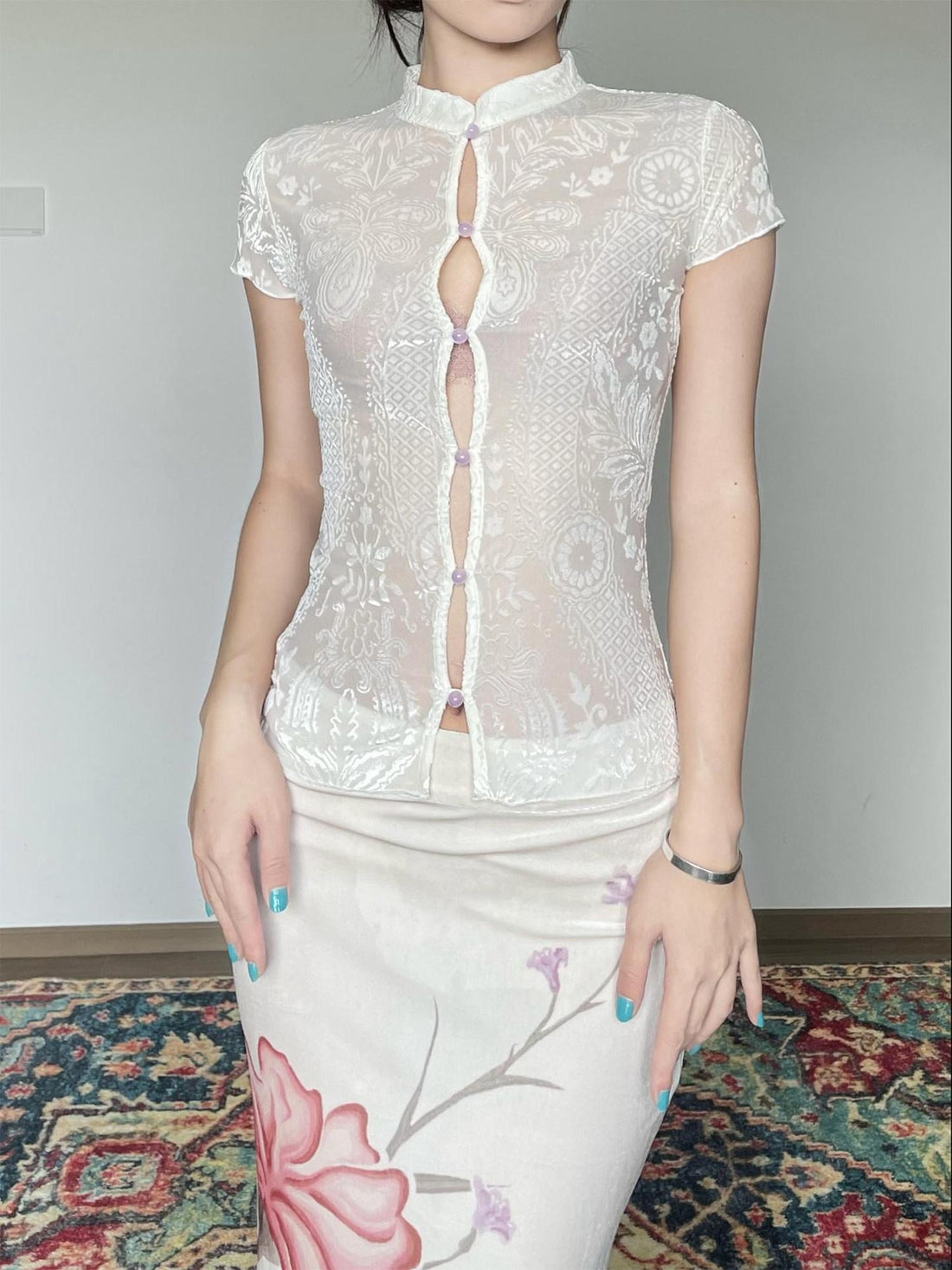 Wet Tail Stretch Slim Fit Mandarin Collar Short Sleeve Cardigan Office White Blouses