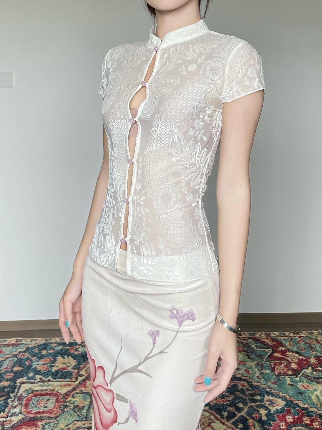 Wet Tail Stretch Slim Fit Mandarin Collar Short Sleeve Cardigan Office White Blouses