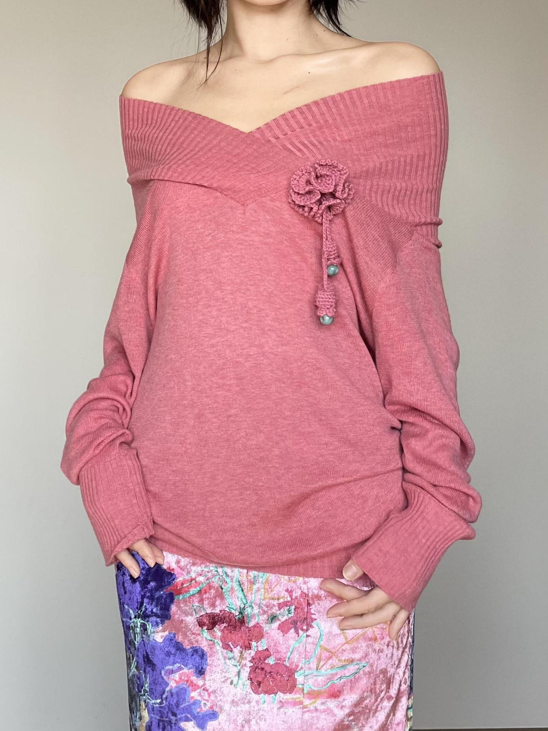 Wet Tail Warm Vintage Loose Fit Pullover Long Sleeve Pink Solid Knit Womens Sweaters