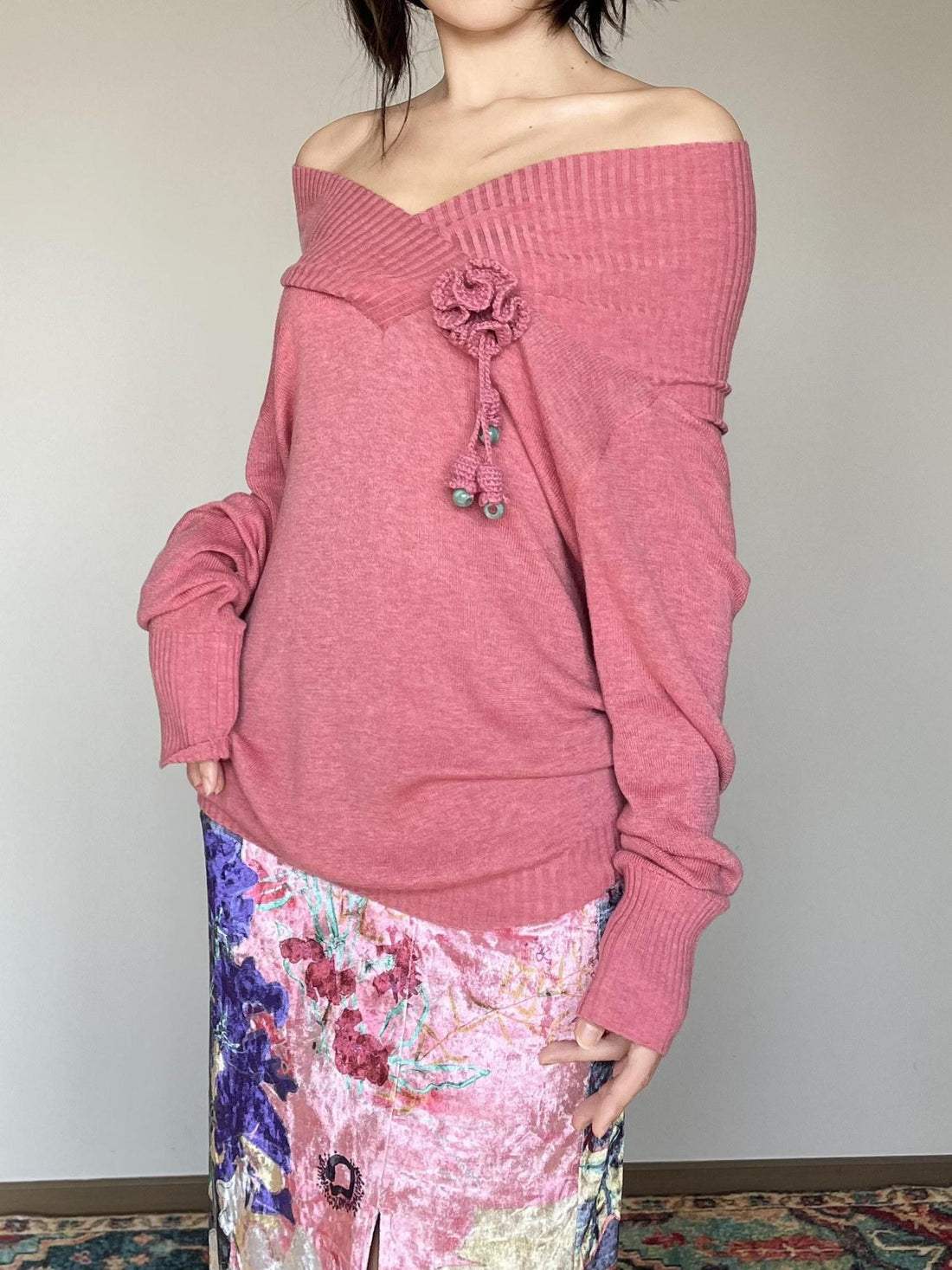 Wet Tail Warm Vintage Loose Fit Pullover Long Sleeve Pink Solid Knit Womens Sweaters